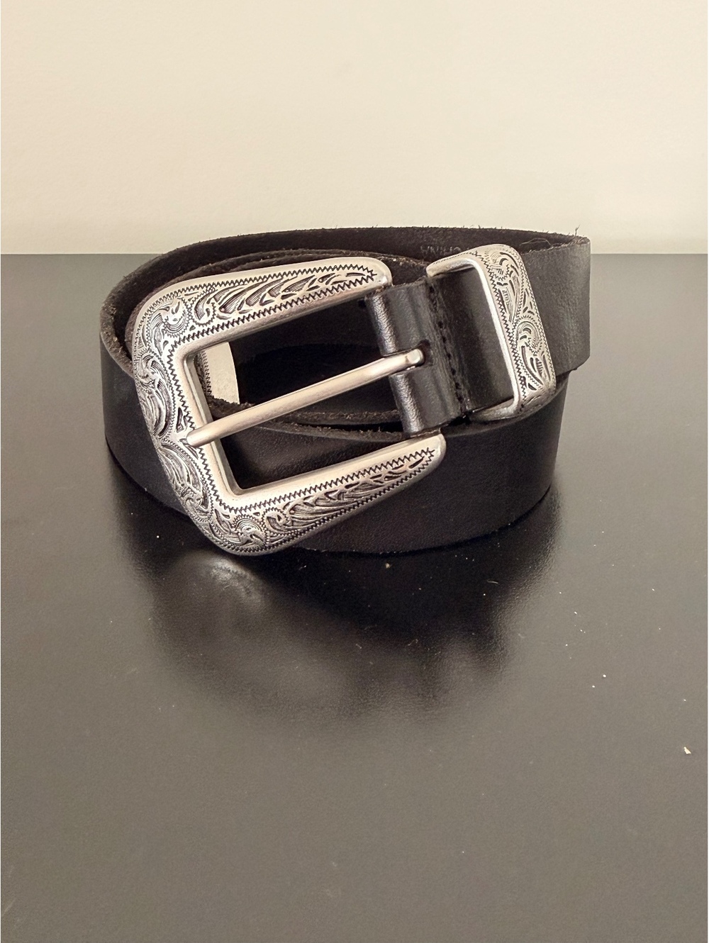 Urban Outfitters Black Leather Western Style Belt with Engraved Silver Buckle